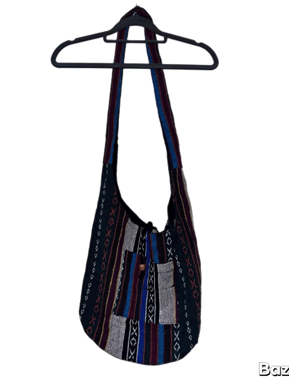 Bohemian Striped Canvas Shoulder Bag in Black and Multicolor